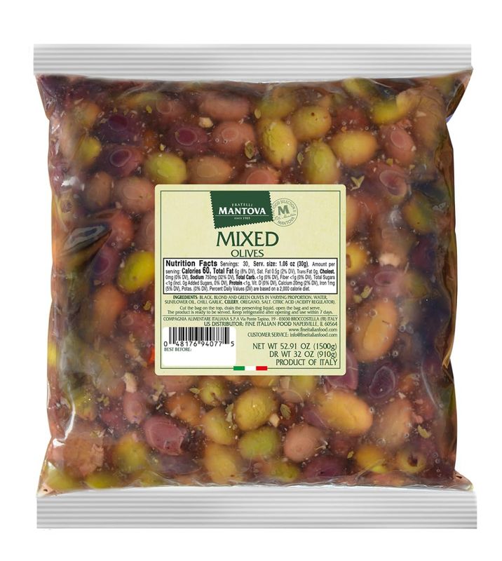 Mantova Mixed Olives in a Mild Brine with Herbs and Spices, 52.91 oz. (3.3 lb.) (Pack of 1), Product of Italy, Non-GMO, Gluten-Free, Cholesterol-Free, Vegan-Friendly, Paleo-Friendly