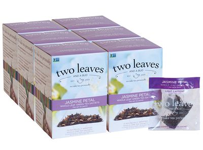 Two Leaves and a Bud Jasmine Green Tea Bags, 15 Count (Pack of 6) Whole Leaf Green Tea in Pyramid Sachet Bags, Compostable Sachets, Delicious Hot or Iced with Milk or Sugar or Honey or Plain