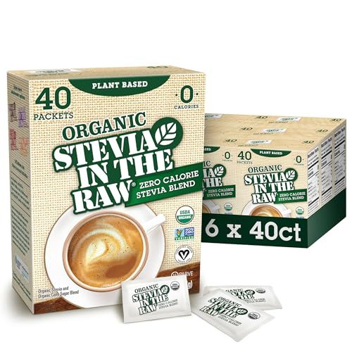 Organic Stevia In The Raw, Plant Based Zero Calorie Natural Sweetener, No Erythritol, Sugar Substitute, Sweetener for Coffee, Hot &amp; Cold Drinks, Non-GMO, Vegan, Gluten-Free, 40 Count Packets (6 Pack)