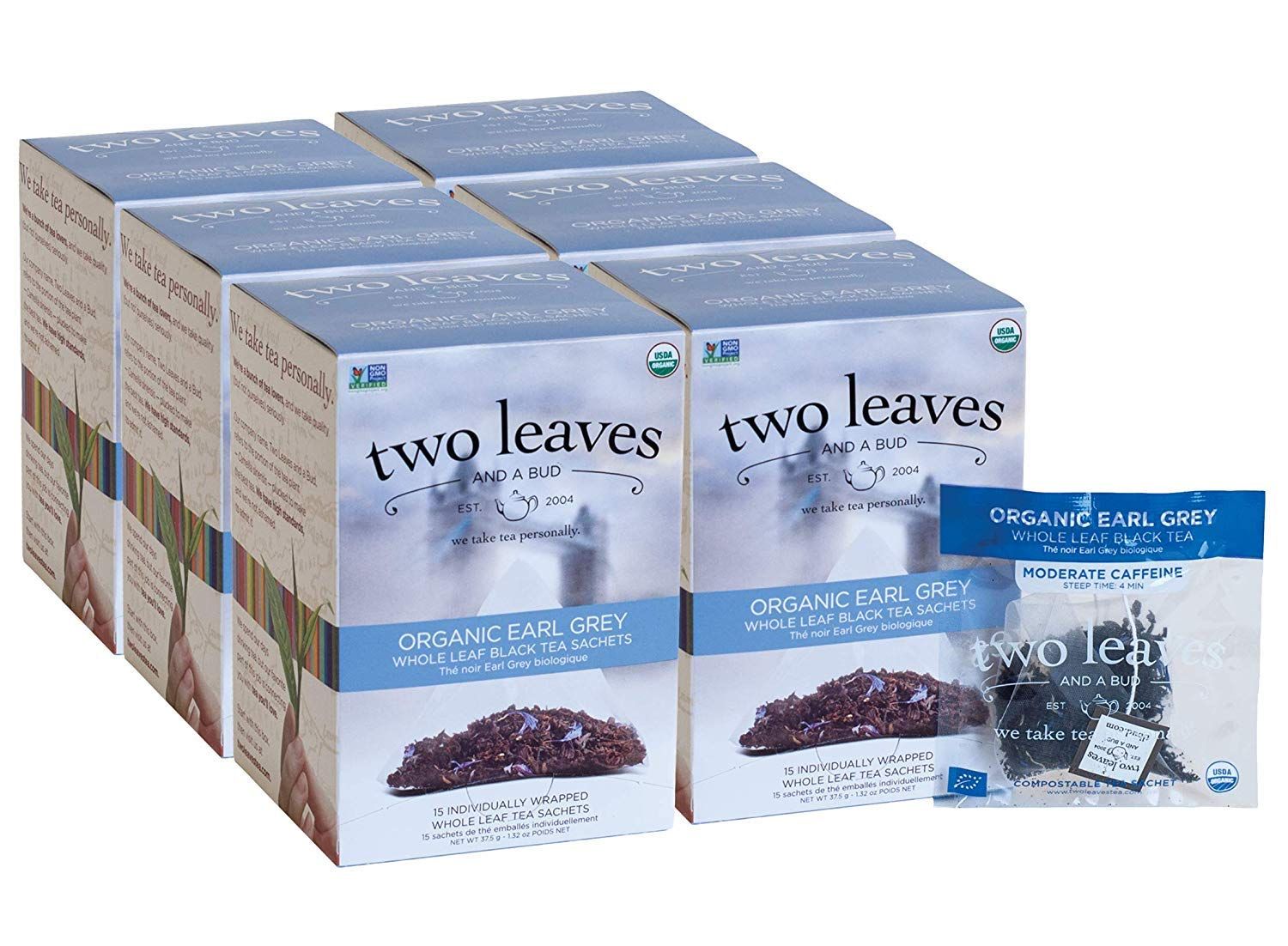 Two Leaves and a Bud Organic Earl Grey Tea Bags, Whole Leaf Caffeinated Black Tea in Compostable Sachets, Caffeinated Black Tea Flavored with Bergamot, Add Milk and Sugar, 15 Count (Pack of 6)