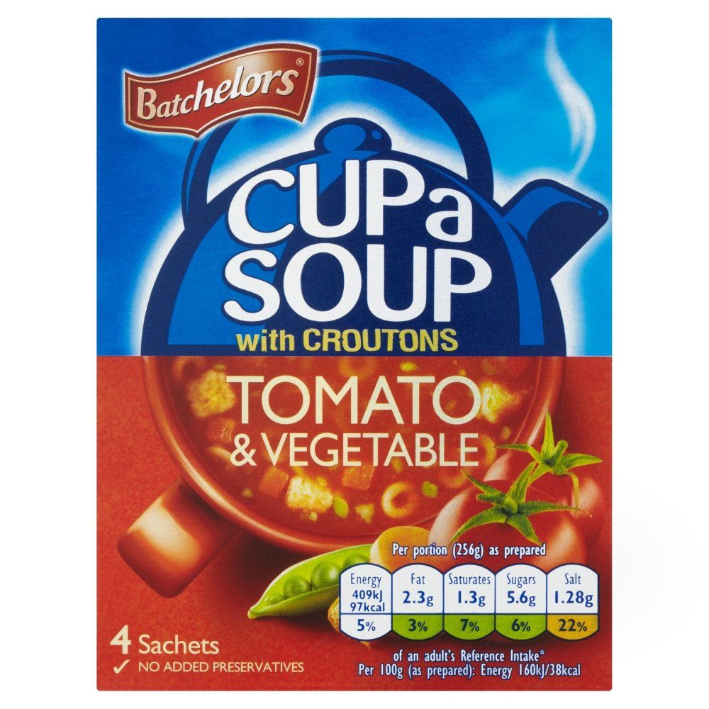 Original Batchelors Cup a Soup Tomato Vegetables with Croutons Imported From The UK England Creamy Tomato Vegetable Soup Chunky Vegetable Rich Tomato Taste Topped Off With Crunchy Croutons