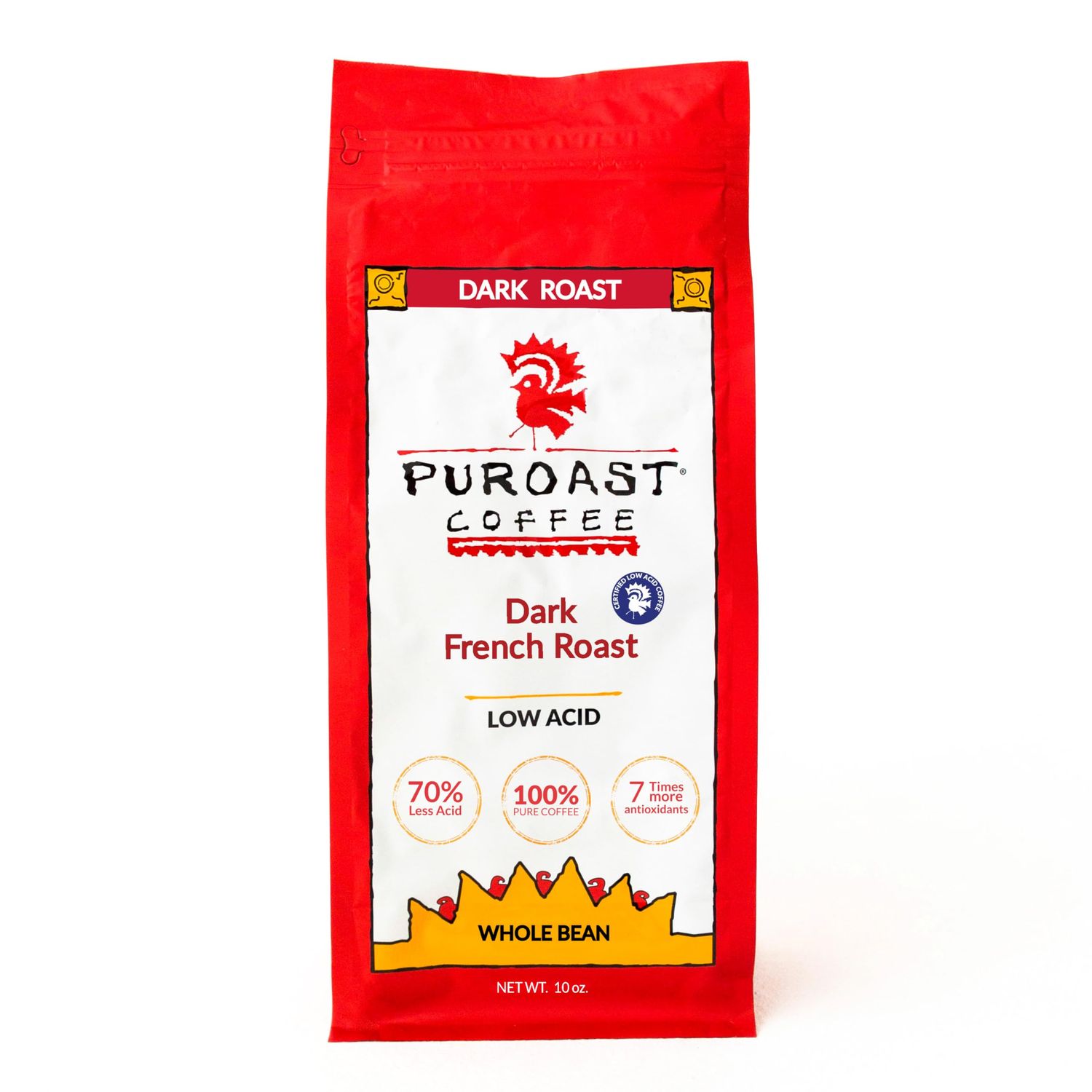 Puroast Low Acid Coffee Decaf | Decaf French Roast Whole Bean | Dark Roast | High Antioxidants &amp; High pH |No Bitter Aftertaste | Reduced Heartburn &amp; GERD | Suitable for Cold Brew - 12 oz
