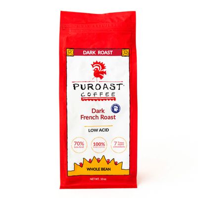 Puroast Low Acid Coffee Decaf | Decaf French Roast Whole Bean | Dark Roast | High Antioxidants &amp; High pH |No Bitter Aftertaste | Reduced Heartburn &amp; GERD | Suitable for Cold Brew - 12 oz
