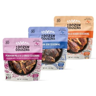A Dozen Cousins Entre Seasoning Sauce - Coat and Cook, for Chicken Seasoning, BBQ, Protein, Marinade &amp; More - 6 Count Variety Pack - Jamaican Jerk, Peruvian Pollo, Mexican Pollo Asado
