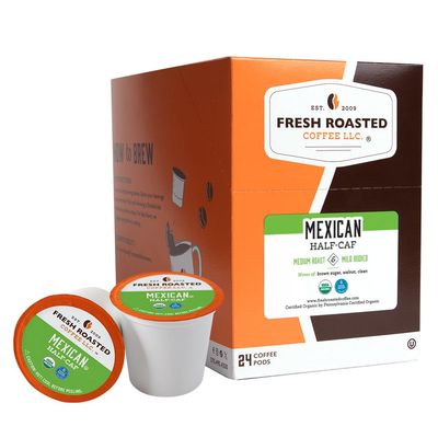 Fresh Roasted Coffee, Organic Mexican Swiss Water Half-Caf, Kosher | 24 Pods for K Cup Brewers