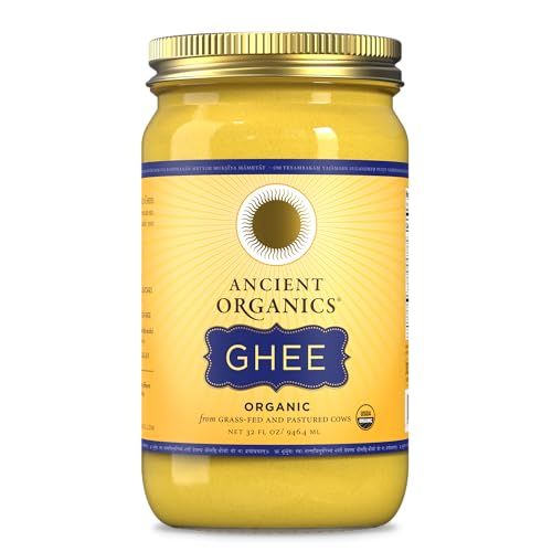 Ancient Organics Ghee, Organic Grass Fed Ghee Butter - Gluten Free Ghee, Clarified Butter, Vitamins &amp; Omegas, Lactose Free, 100% Certified Organic, Kosher, USDA Certified - 32 Fl Oz (Pack of 1)