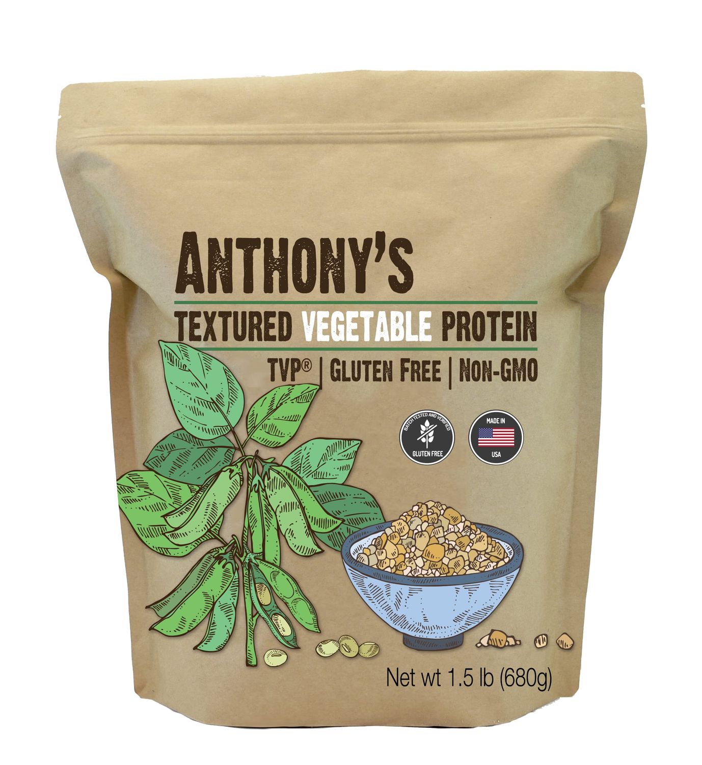 Anthony&#39;s Textured Vegetable Protein, TVP, 1.5 lb, Gluten Free, Vegan, Made in USA, Unflavored