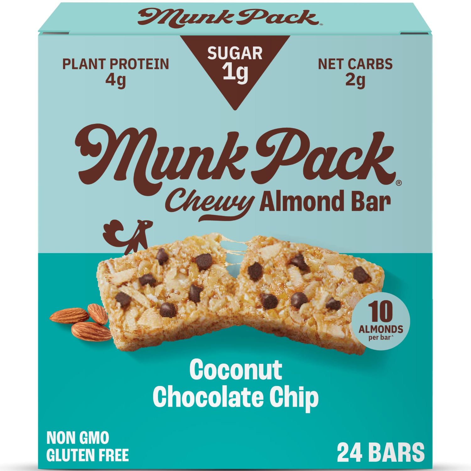 Munk Pack Chewy Almond Bar, Coconut Chocolate Chip | 1g Sugar, 4g Protein, Low Carb &amp; Keto | Gluten Free, Grain Free, Plant Based, Zero Added Sugar | Breakfast &amp; Snack Bars | 24 Count