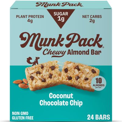 Munk Pack Chewy Almond Bar, Coconut Chocolate Chip | 1g Sugar, 4g Protein, Low Carb &amp; Keto | Gluten Free, Grain Free, Plant Based, Zero Added Sugar | Breakfast &amp; Snack Bars | 24 Count