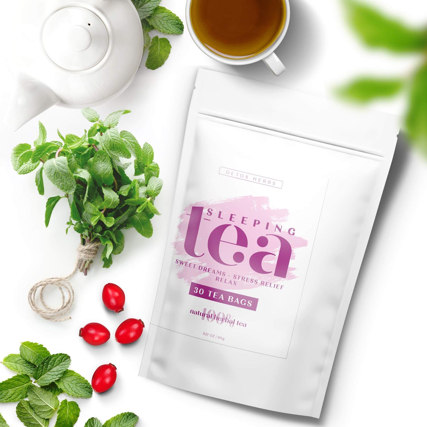 SLEEPING TEA - 30 Tea Bags, Tea for Sweet Dreams, Stress Relief and Relax, Calm Your Nerves &amp; Enjoy Healthy Deep Sleep, 100% Natural Tea for Adults and Kids, Melissa, Chamomile