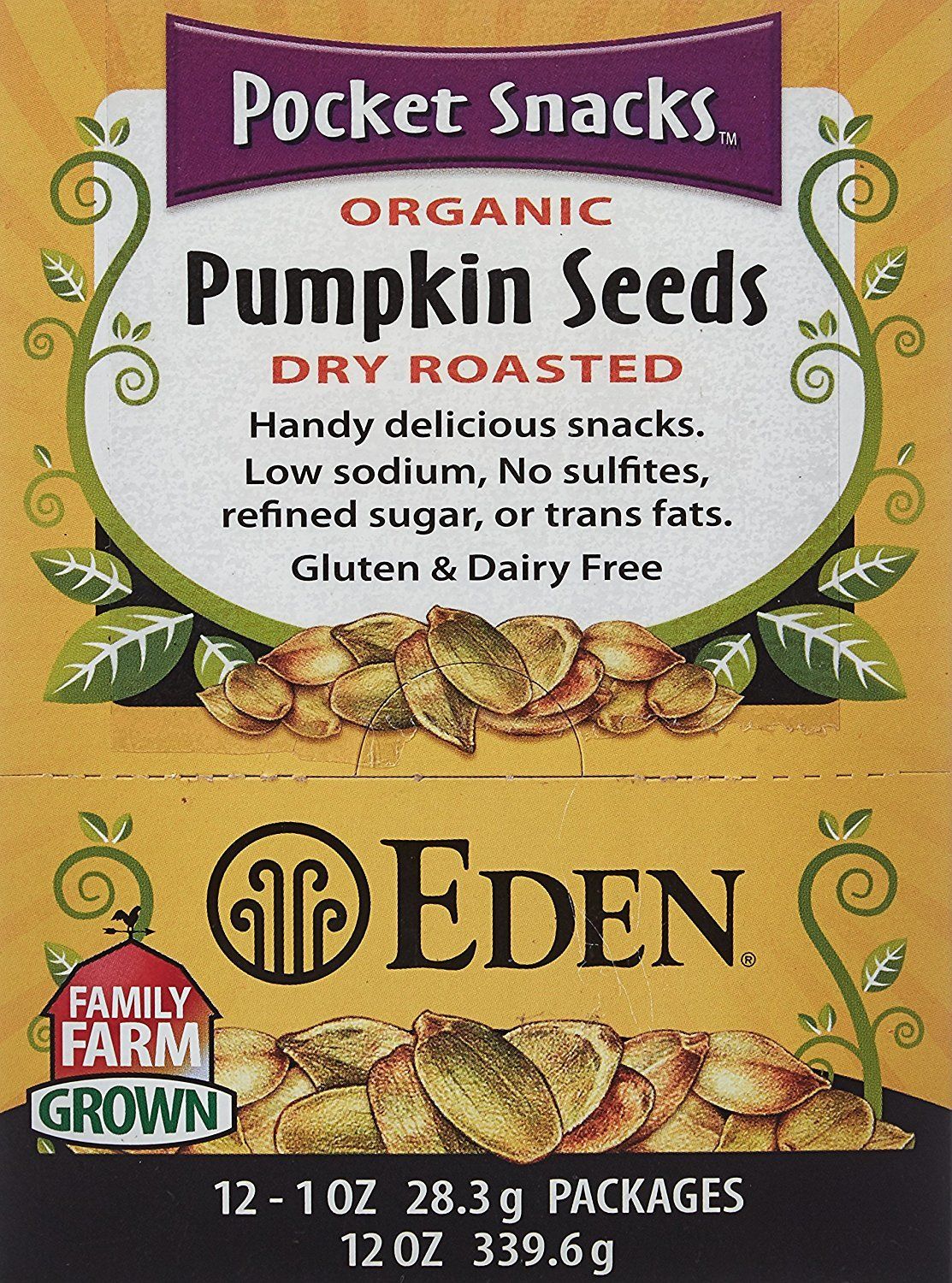 Eden Foods Pocket Snacks, Organic Pumpkin Seeds, Dry Roasted, 12 Packages, 1 oz (28.3 g) Each