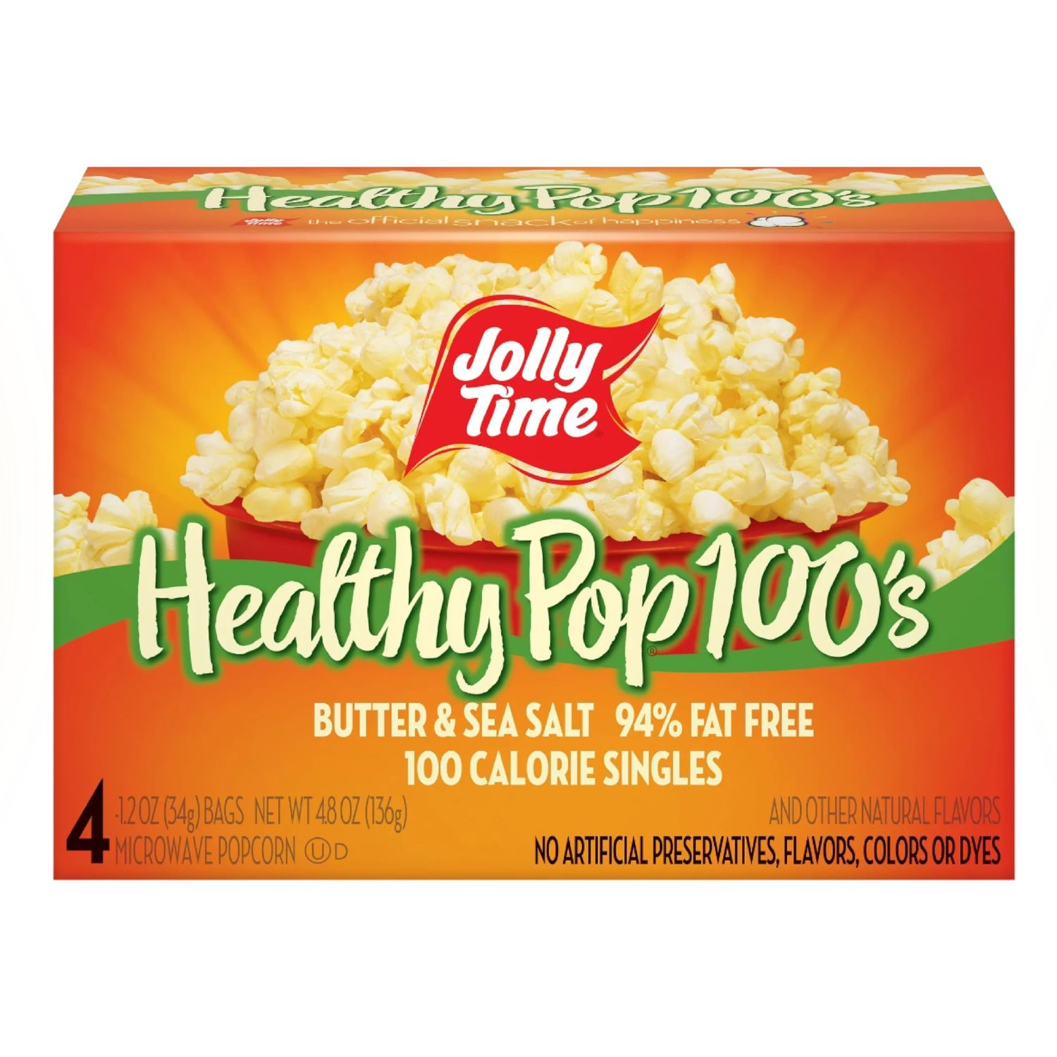 Jolly Time T Healthy Pop Microwave Popcorn, Low Fat Gluten Free Non-GMO (Healthy Pop 100&#39;s - Butter &amp; Sea Salt, 1.2 Ounce (Pack of 4))