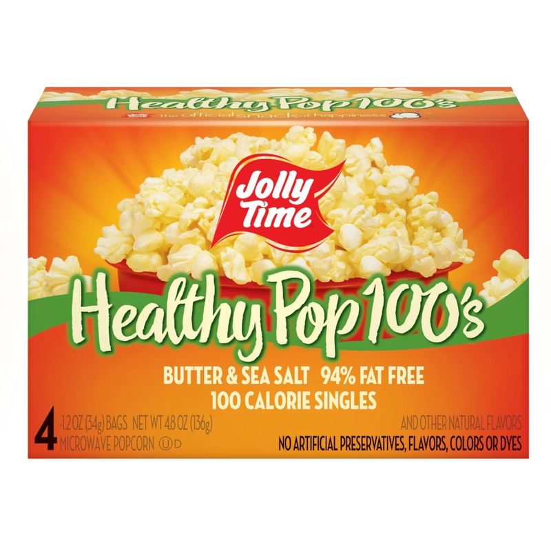 Jolly Time T Healthy Pop Microwave Popcorn, Low Fat Gluten Free Non-GMO (Healthy Pop 100's - Butter &amp; Sea Salt, 1.2 Ounce (Pack of 4))