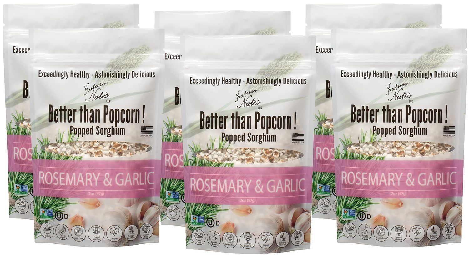 Nature Nates Popped Sorghum, Rosemary &amp; Garlic - Organic, Keto &amp; Gluten Free, Healthy Snacks, Better Than Popcorn, Made in USA - 2 Ounce (Pack of 6)
