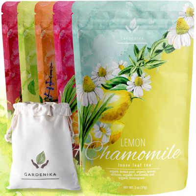 Gardenika Loose Leaf Tea Set, Herbal Caffeine-Free Set - Rooibos, Spearmint, Chamomile, Hibiscus, Tulsi, Turmeric, Ginger Teas - 5 Pack Assortment (10 oz)