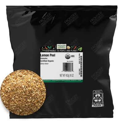 Frontier Co-op Organic Lemon Peel Granules, 1lb Bulk Bag, Natural Dried Lemon Peel | Made with Pure Lemon Zest | Kosher Certified | Ideal for Baking