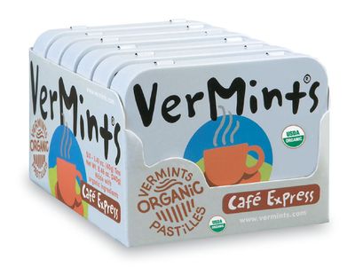 Organic Breath Mints by VerMints, Caf Express Coffee Flavor, All Natural Pastilles, Non-GMO, Nut Free, Gluten Free, Vegan, KSA Kosher, Pack of 6, 1.41oz Tins
