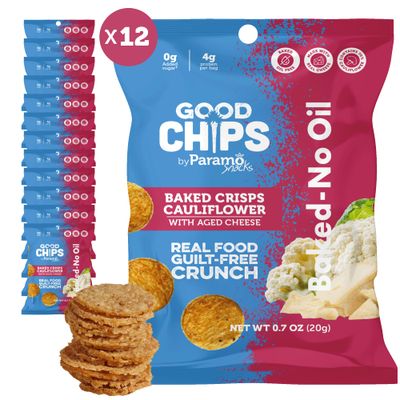 Good Chips Cauliflower Aged Cheese Chips - Baked, No Oil - High Protein, Guilt Free Healthy Snacks - Low Fat, Low Carb, High Fiber, Gluten Free