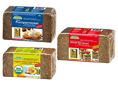 Mestemacher Whole Grain Bread (Organic 3-Grain, Pumpernickel, Whole Rye, variety pack of 3)