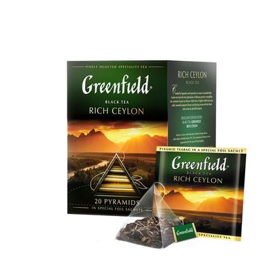 Greenfield Rich Ceylon Pyramid Collection 20 Pyramids In Special Foil Sachets Black Tea Finely Selected Speciality Tea