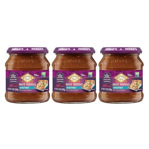 Patak&#39;s Hot Mango Chutney - 12 Oz (Pack of 3) - With Mangos, Dried Red Chile, and Spices, No Artificial Flavors or Colors, Gluten Free, Vegetarian Friendly