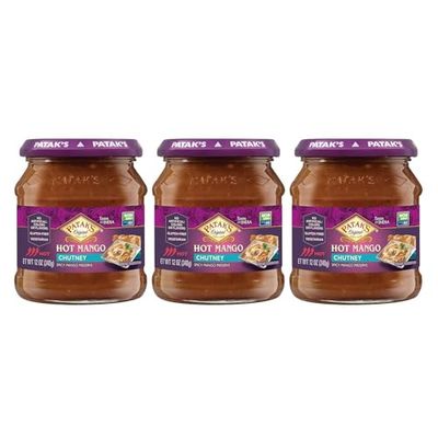 Patak&#39;s Hot Mango Chutney - 12 Oz (Pack of 3) - With Mangos, Dried Red Chile, and Spices, No Artificial Flavors or Colors, Gluten Free, Vegetarian Friendly