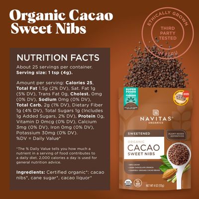 Navitas Organics Cacao Sweet Nibs, 4oz. Bag, 28 Servings - Organic, Non-GMO, Gluten-Free