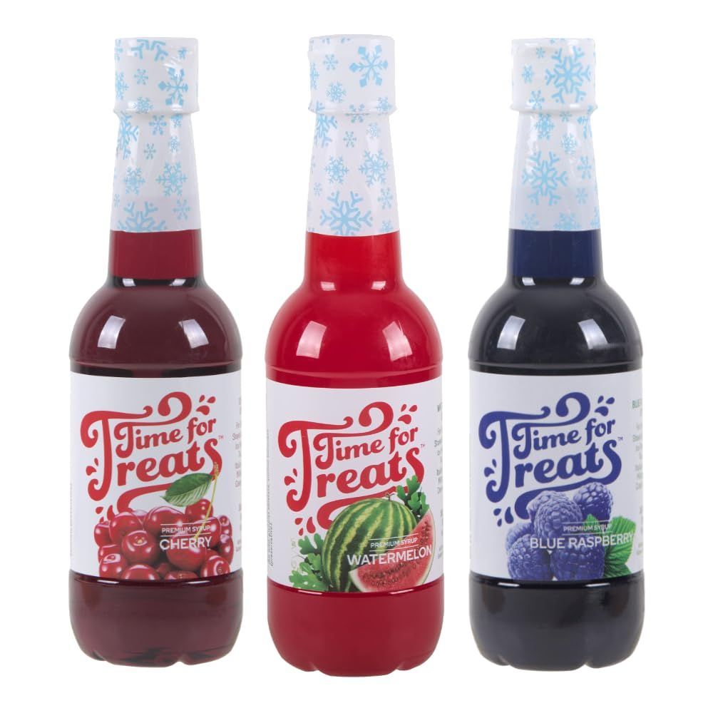 3-Pack Cherry, Blue Raspberry, Watermelon Syrup for Snow Cones, Homemade Sodas, Cocktails, Coffee, Baking and More - Time For Treats 16.9 Fluid Ounce Per Bottle