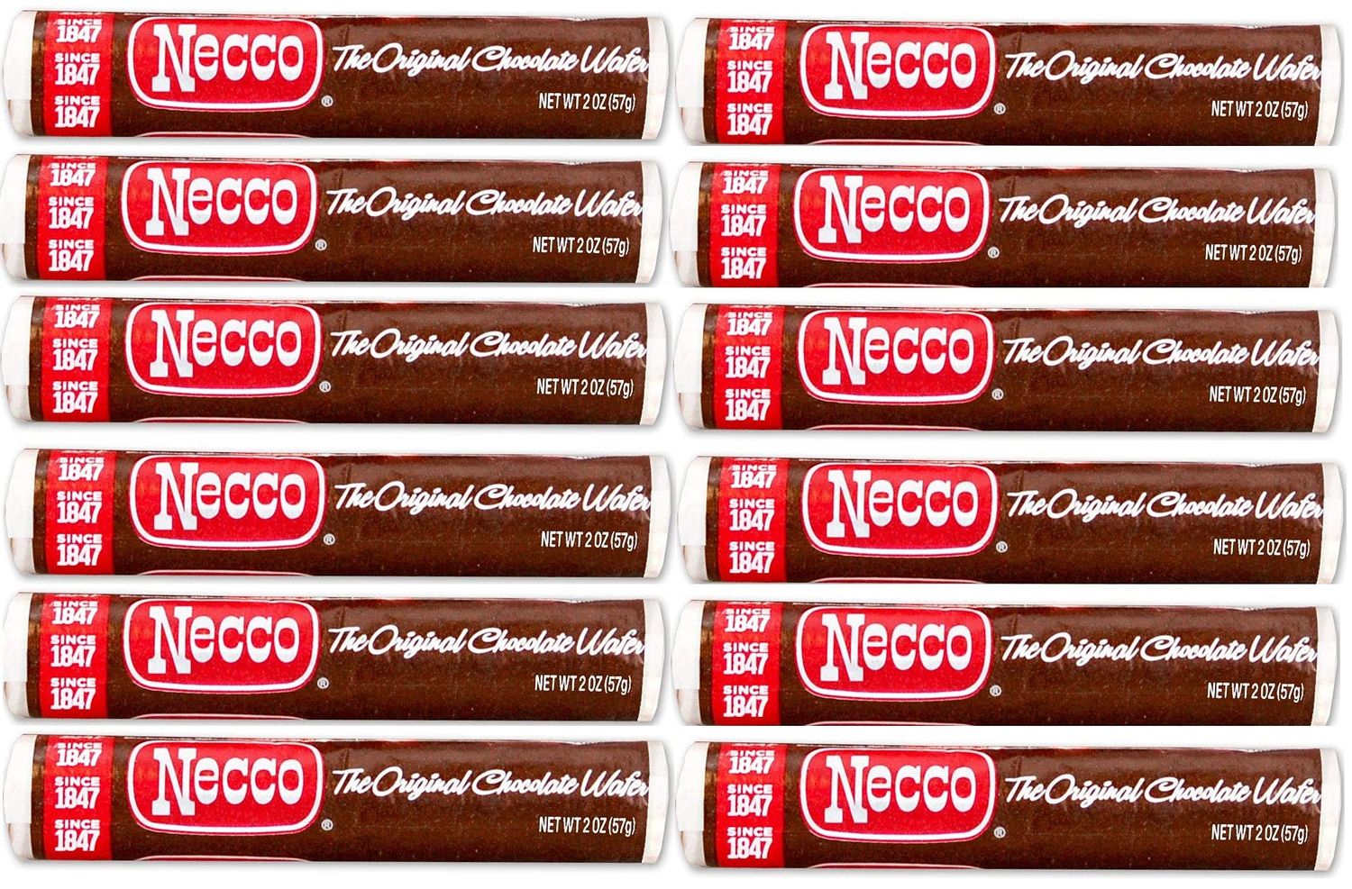 Necco Wafers Original Chocolate Flavored Hard Candy Rolls Bundle of 12 Rolls 2 Ounce Pack of 12