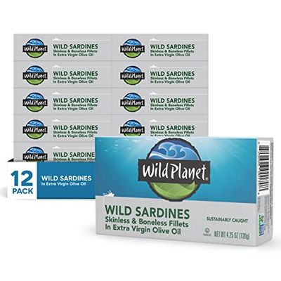 Wild Planet Wild Sardines in Extra Virgin Olive Oil with Sea Salt, Skinless &amp; Boneless, Tinned Fish 4.25 Ounce (Pack of 12)