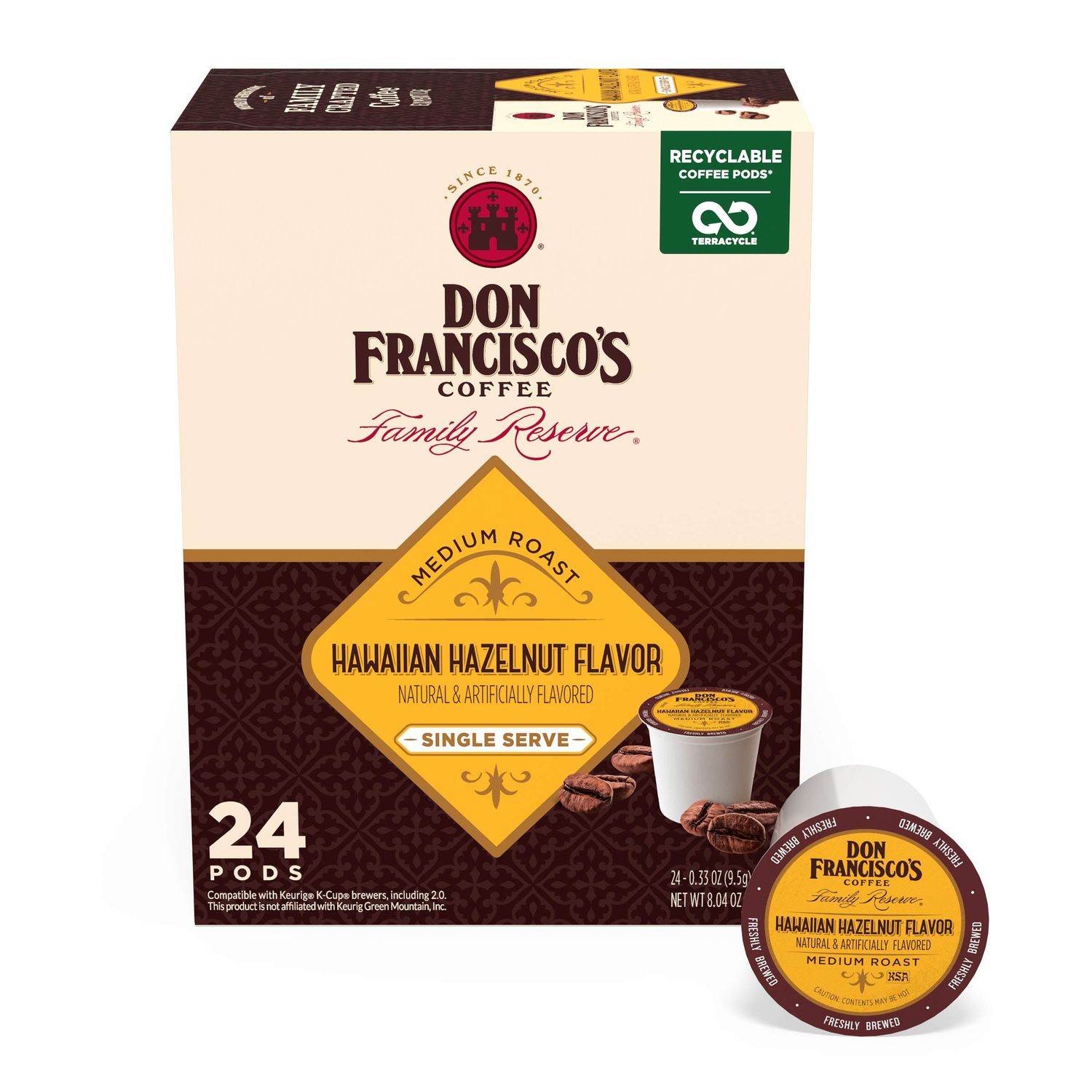 Don Francisco&#39;s Hawaiian Hazelnut Medium Roast Coffee Pods - 24 K-Cup Compatible Single-Serve Pods - 100% Arabica Coffee with Coconut Flavor - Recyclable through Terracycle