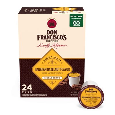 Don Francisco&#39;s Hawaiian Hazelnut Medium Roast Coffee Pods - 24 K-Cup Compatible Single-Serve Pods - 100% Arabica Coffee with Coconut Flavor - Recyclable through Terracycle