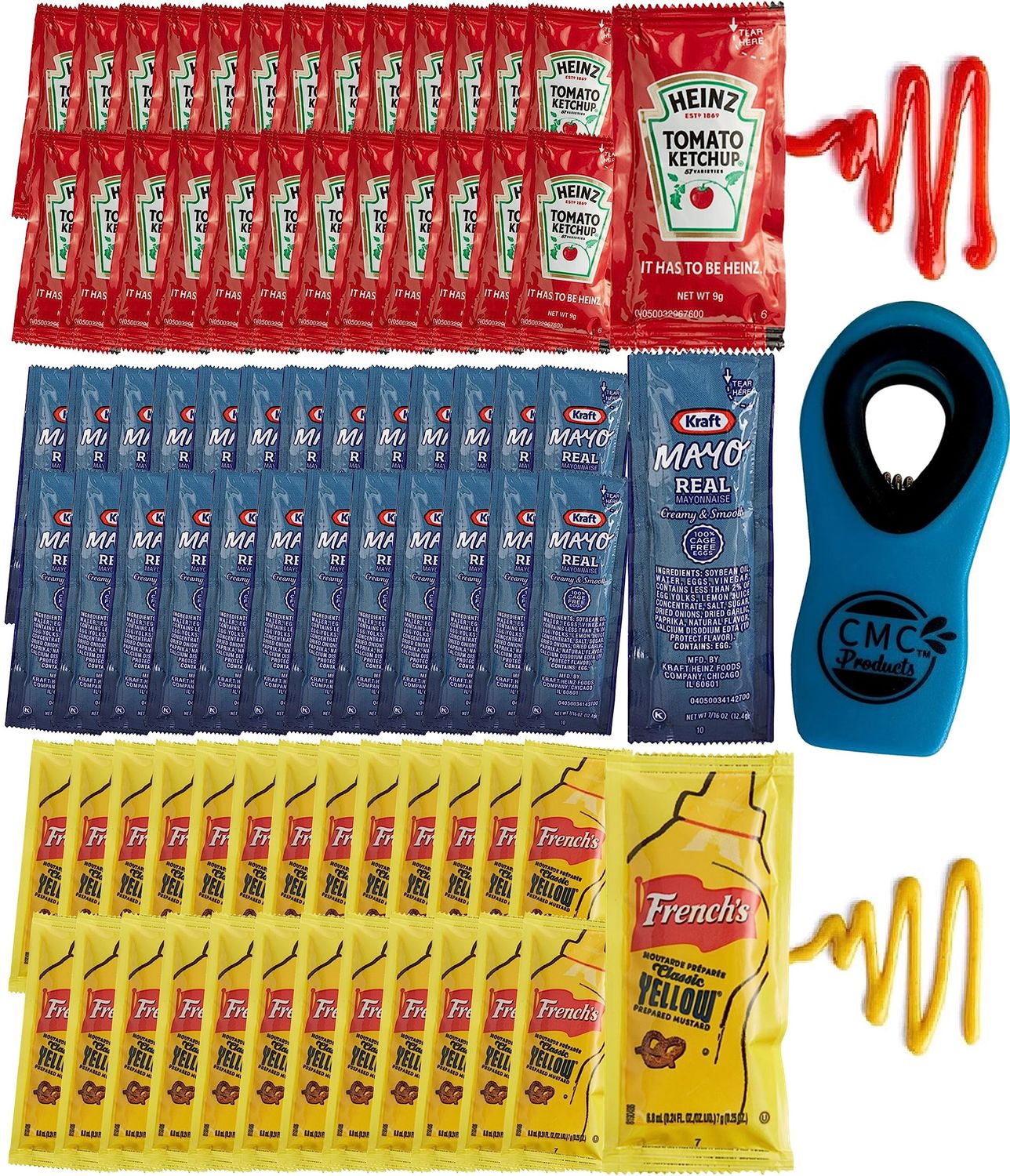 CMC Products - 75 Total Packets / 25 Count of each - Ketchup, Mustard, &amp; Mayo - with CMC Products Bag Clip
