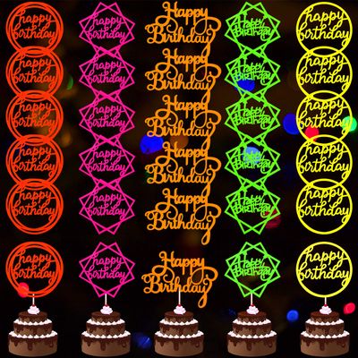 Coneedy 30 Pieces Glow Party Neon Birthday Cake Toppers Happy Birthday Cake and Cupcake Topper Colorful Cake Decorations for Glow Neon Birthday Wedding Easter Decoration