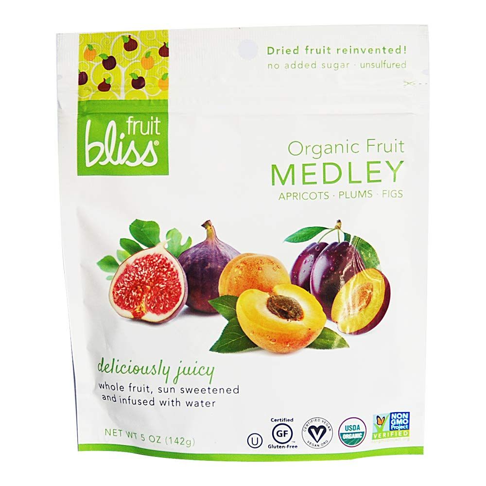 Fruit Bliss Dried Fruit Mix - Fruit Medley of Organic, Dried &amp; Pitted Apricots, Plums &amp; Figs - Organic Fruit Snacks, Dried Fruit Snacks, Resealable Pouches, Gluten-Free Vegan Snacks (1 Pack 5oz. Each)