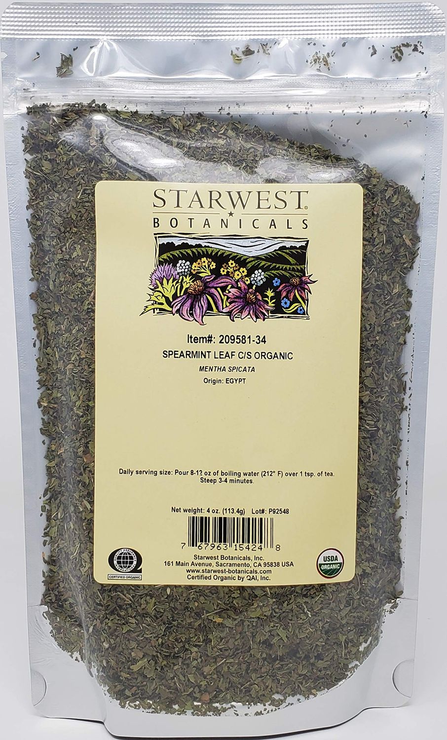 Starwest Botanicals Organic Spearmint Leaf Cut &amp; Sifted (Egypt), 4 Ounces