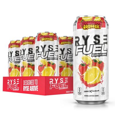 RYSE Fuel Sugar Free Energy Drink | Vegan Friendly, Gluten Free | No Fillers &amp; No Artificial Colors | 0 Calories | 200mg Natural Caffeine | 12 Pack (Strawberry Squeeze)