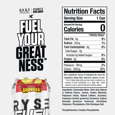 RYSE Fuel Sugar Free Energy Drink | Vegan Friendly, Gluten Free | No Fillers & No Artificial Colors | 0 Calories | 200mg Natural Caffeine | 12 Pack (Strawberry Squeeze)