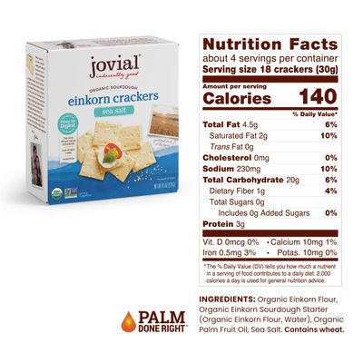 Jovial Organic Sourdough Einkorn Sea Salt Crackers - Sourdough Crackers, Crackers for Cheese Platter, Made with Einkorn, USDA Organic, Non-GMO - 4.5 Oz, 1 Pack