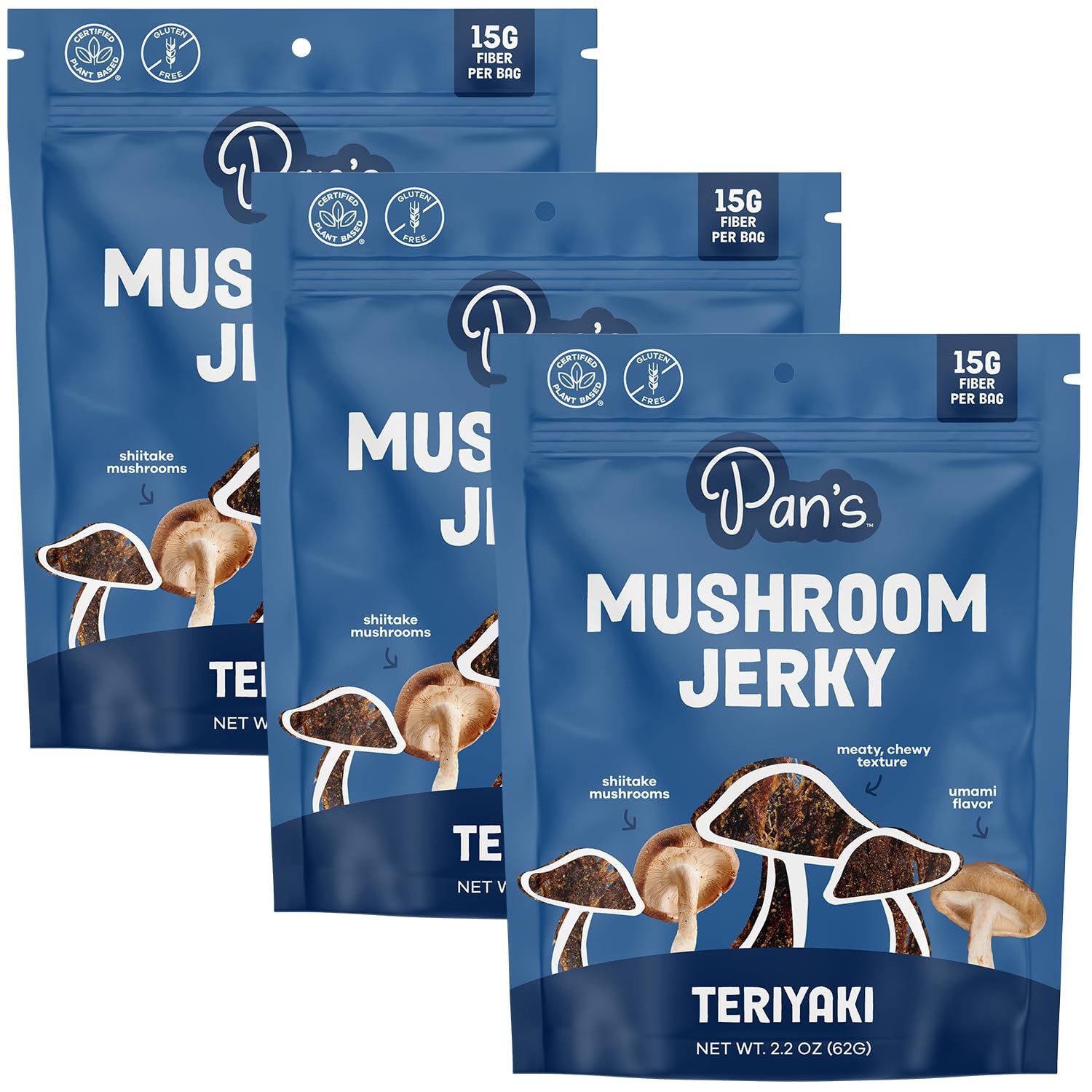Pan&#39;s Mushroom Jerky, Vegan Snacks, Dried Mushrooms Shiitake, Plant based Jerky, Meatless Jerky, Gluten Free, High in Fiber, with Teriyaki flavor (2.2 Ounce, Pack of 3)