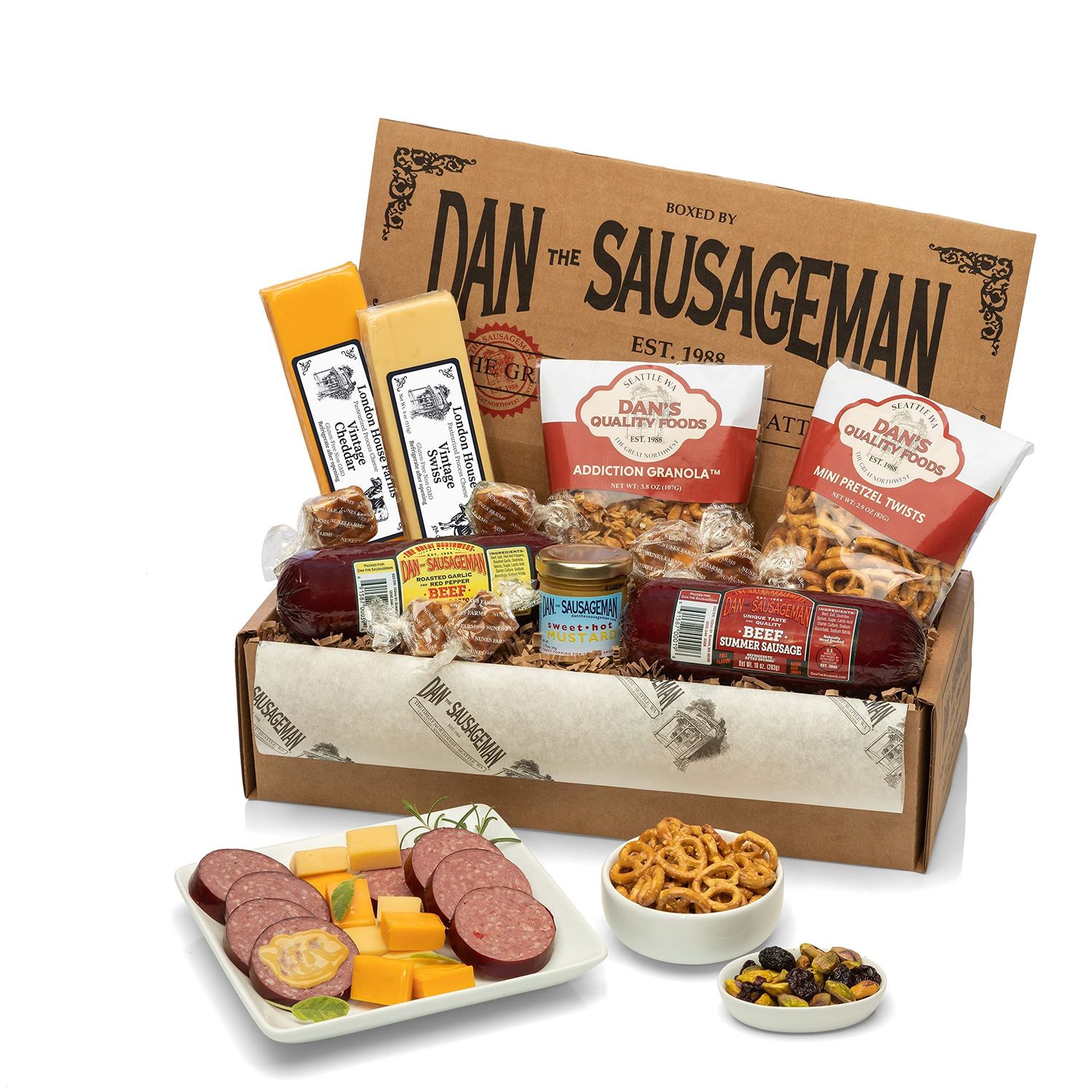 Dan the Sausageman&#39;s Mt. Rainier Gourmet Food Gift Basket -Featuring Dan&#39;s Summer Sausage, Wisconsin Cheeses, Specialty Sweet Hot Mustard, Charcuterie and Party Ready