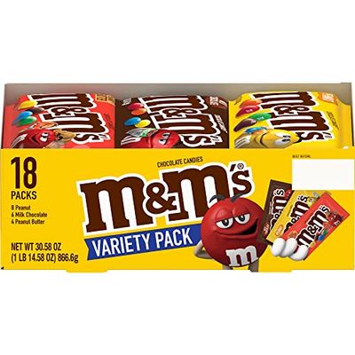 M&amp;M&#39;S Peanut, Peanut Butter &amp; Milk Chocolate Variety Pack Full Size Milk Chocolate Candy Assortment, 30.58 oz 18 ct