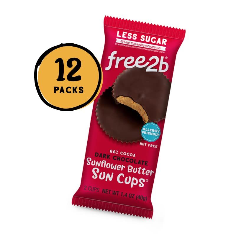 Free2b Sunflower Butter Sun Cups, Safe for School and Allergy Friendly - Gluten-Free, Dairy-Free, Nut-Free, and Soy-Free - Dark Chocolate, 2-Cup Packages (Pack of 12)