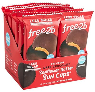 Free2b Sunflower Butter Sun Cups, Safe for School and Allergy Friendly - Gluten-Free, Dairy-Free, Nut-Free, and Soy-Free - Dark Chocolate, 2-Cup Packages (Pack of 12)