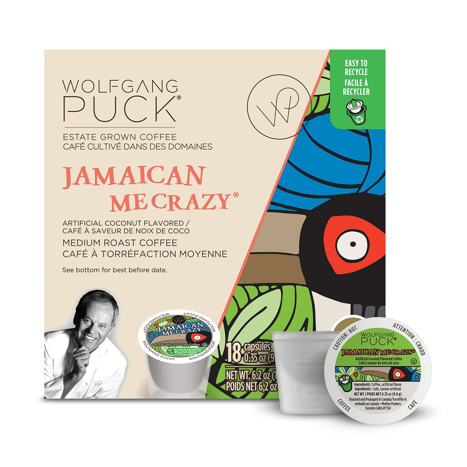 Wolfgang Puck Coffee Single Serve Capsules, Jamaican Me Crazy, Medium Roast, Compatible with Keurig K-Cup Brewers, 18 Count