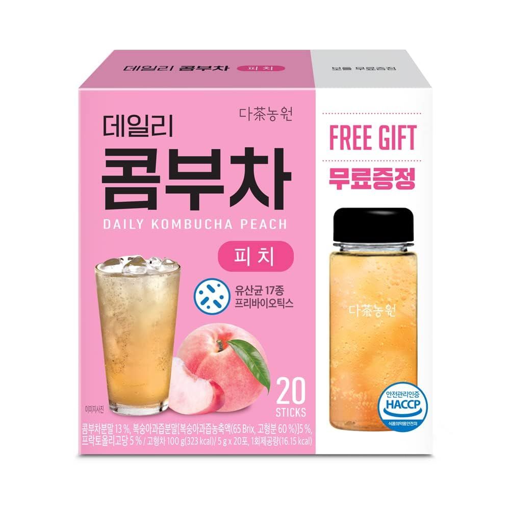 KAYFOOD Garden Daily Kombucha Tea Powdered Mix, Probiotics &amp; Prebiotics, 20 Sticks with Bottle (3.52oz), Zero Sugar, Diet Beverage, Healthy Fermented Drinks Korea (Peach, Reusable Bottle Set)