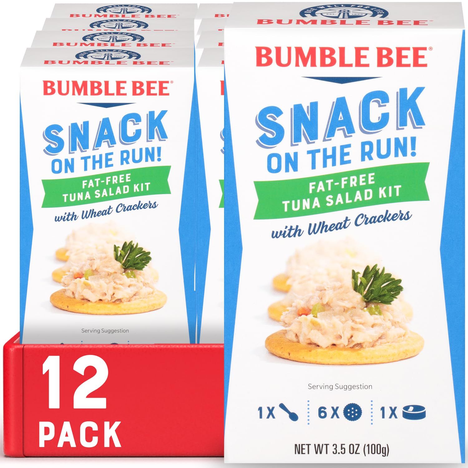 Bumble Bee Snack On The Run Fat-Free Tuna Salad with Crackers Kit- Ready to Eat, Spoon Included - Wild Caught Tuna - Shelf Stable &amp; Convenient Protein Snack, 3.5 Ounce Boxes (Pack of 12)