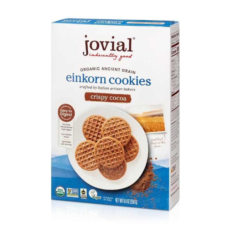 Jovial Organic Einkorn Crispy Cocoa Cookies - Organic Cookies, Vegan Cookies, High Protein, Fair Trade Certified, All Natural Ingredients, Low Carb, Low Sugar, Palm Done Right - 8.8 Oz