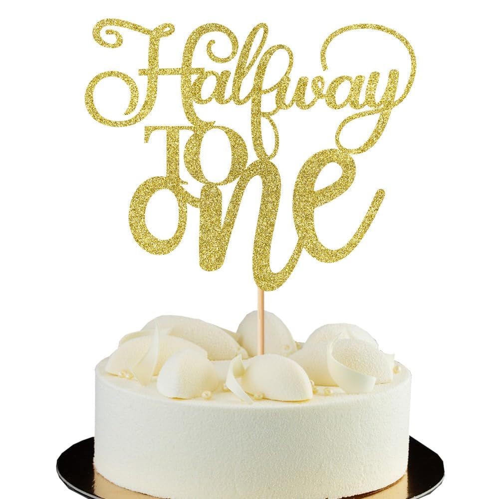 Half Way To One Cake Topper,Glitter 6 Months Birthday Decorations,Its my 1/2 Birthday Cake Topper,Baby Boy or Girl 6 Months Birthday Party Decoration Supplies (Gold)