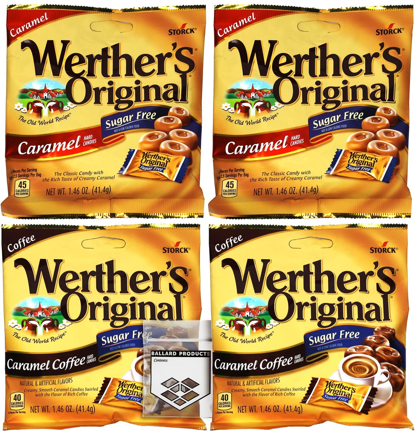 Werthers Sugar Free Hard Candy - 2 Bags Each Flavor | Original Hard Candy and Caramel Coffee Hard Candy | 1.46 Ounce Bags | Bundle with Ballard Products Pocket Bag